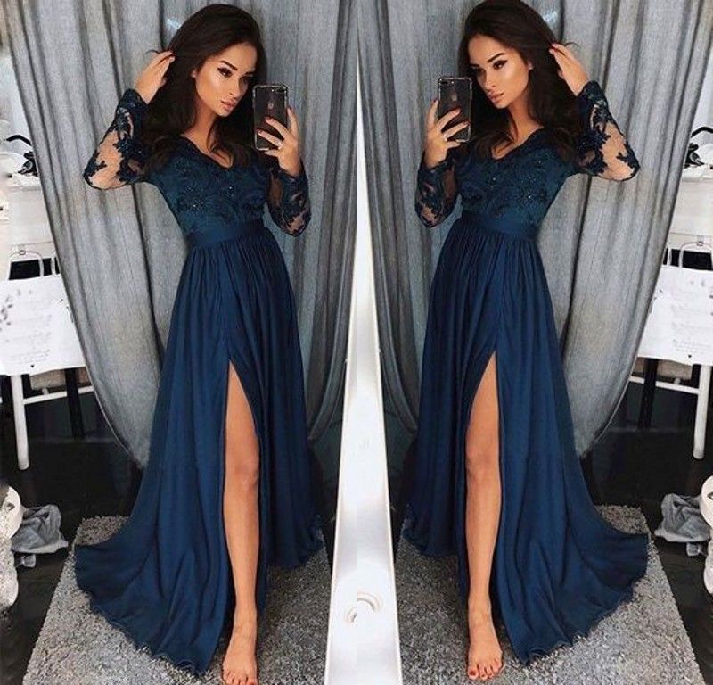 navy long sleeve prom dress