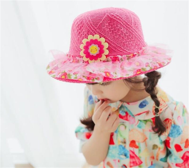 Baby Girls Children Kids Lace Flower Hat Node Brim Summer Beach Sun Straw Cap HI