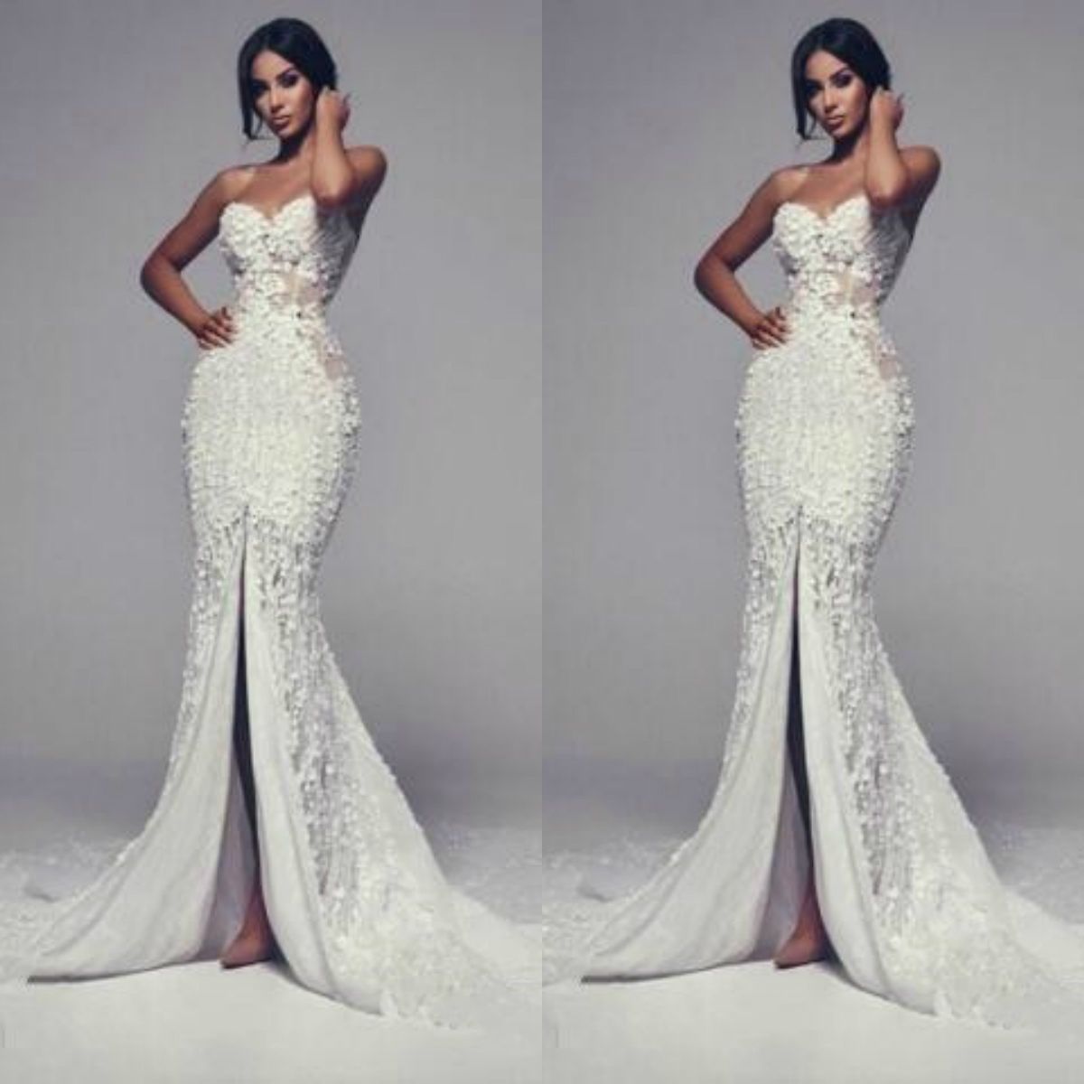 Mermaid Front Split Wedding Dresses 2019 Sweetheart Lace Appliqued Bridal Gowns Beach Sexy