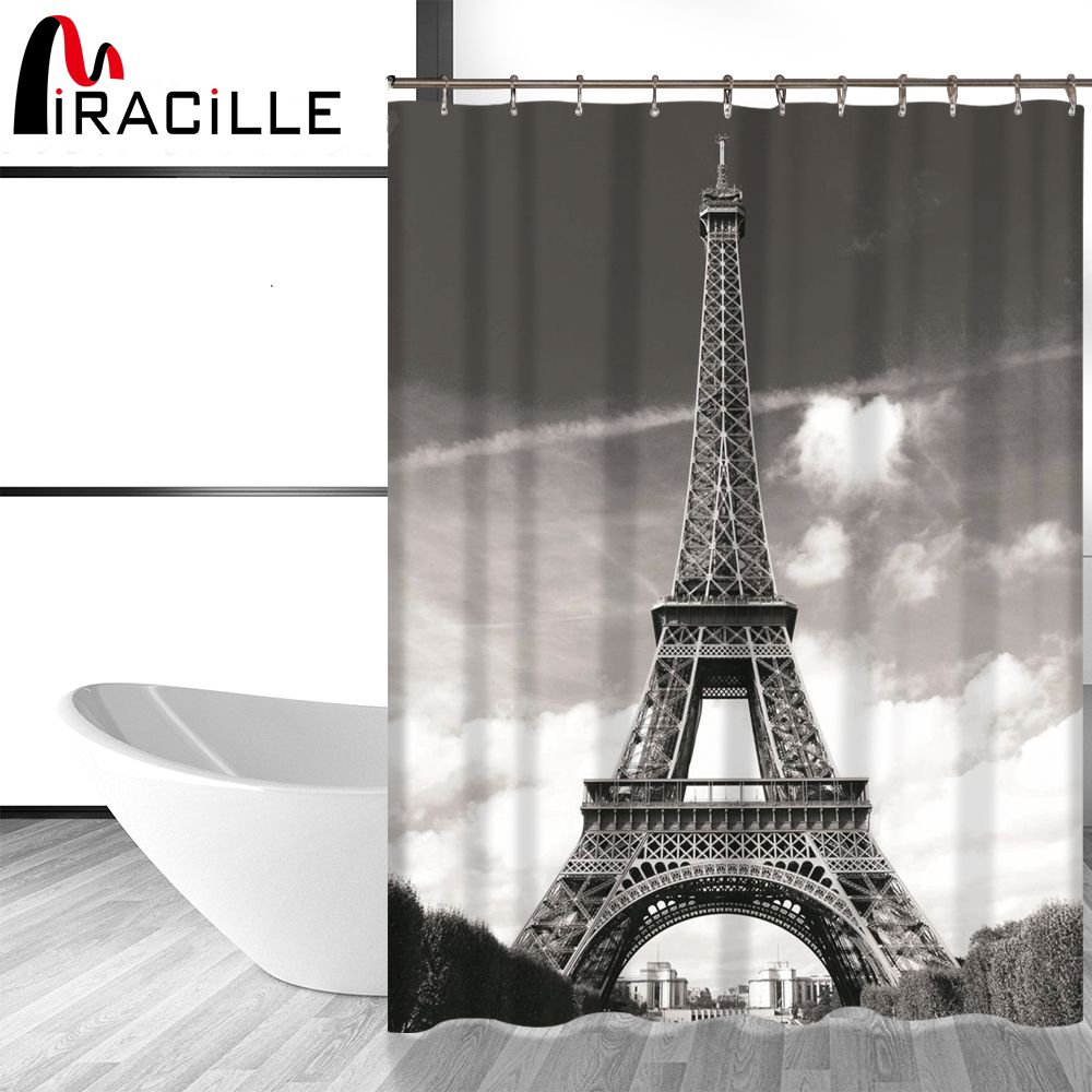 2019 Miracille Modern French Eiffel Tower Shower Curtain