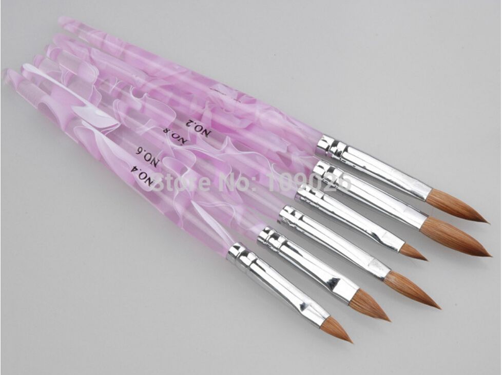 HOTSALE 6pcs / SET 2 # / 4 # / 6 # / # / 10 # 12 # Kolinsky Sable Brush Pen Acrílico Nail Art Builder Diseño de pinceles para uñas