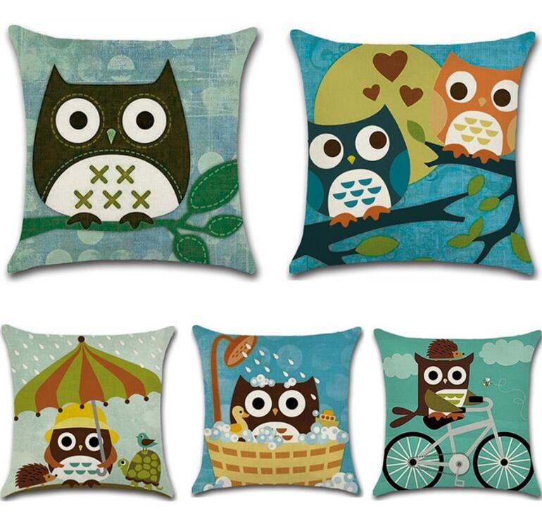 Cute Cartoon Owl Pillowcases Cotton Linen Birds Pillow Covers