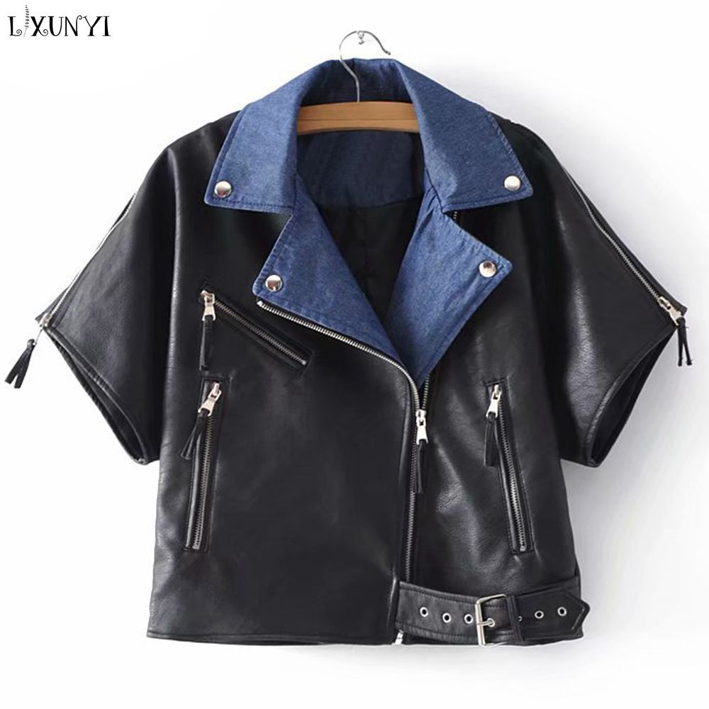 2019 Lixunyi Short Sleeve Leather Jacket Women Zipper Slim Turn Down Collar Black Moto Biker Belt Pu Female Casacos Feminino From Qingchung