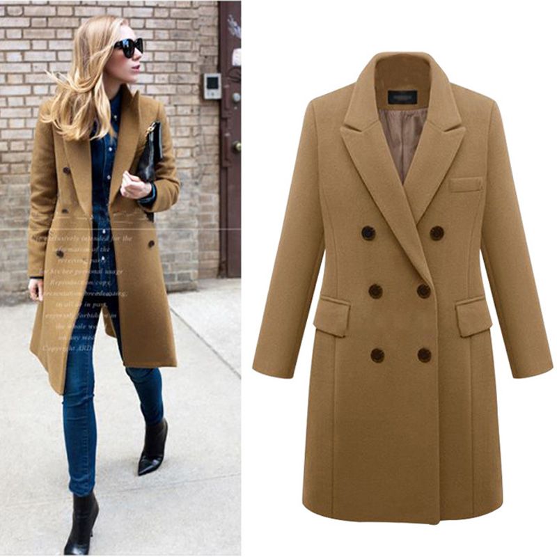 Donna Lana E Cashmere Giacca Invernali A Doppio Petto Risvolto Giacca Slim Fit Windbreaker