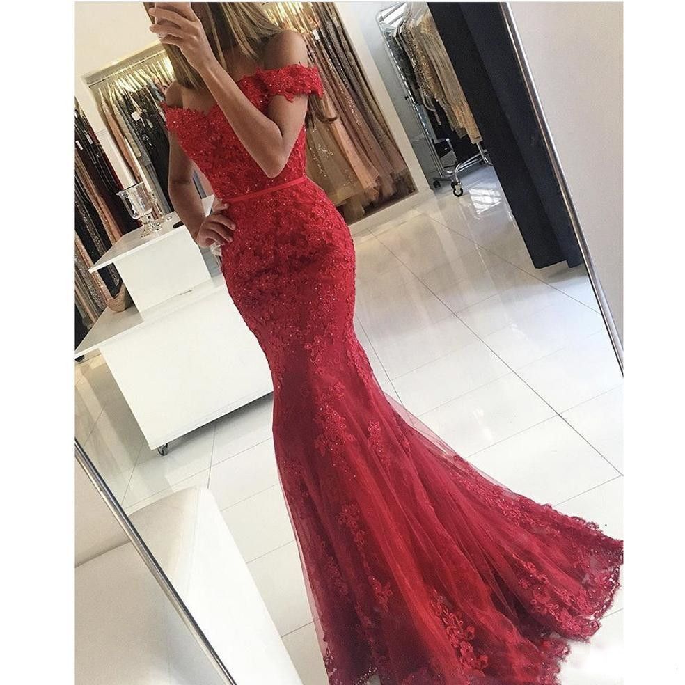 De Noche Sirena Sin Hombros Rojos Vestidos De Fiesta Sin Mangas Con Botones Cubiertos Apliques De Encaje Largos Vestidos De Fiesta Formales Vestidos De Tul. De 119,41 € DHgate