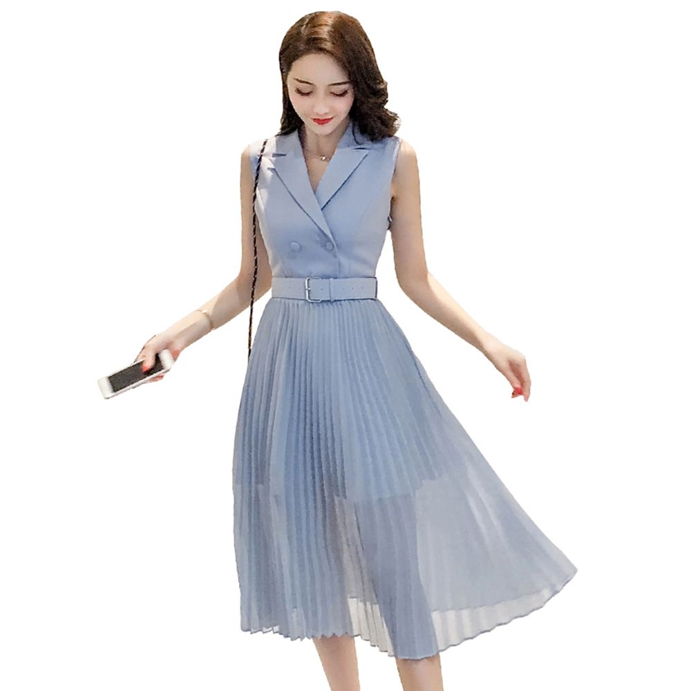 2019 Blue Knee Length Chiffon Dress Women Bandage Sleeveless Elegant Casual Dresses Office Festa Summer Clothes For Women 50Q299 From Waistband18,