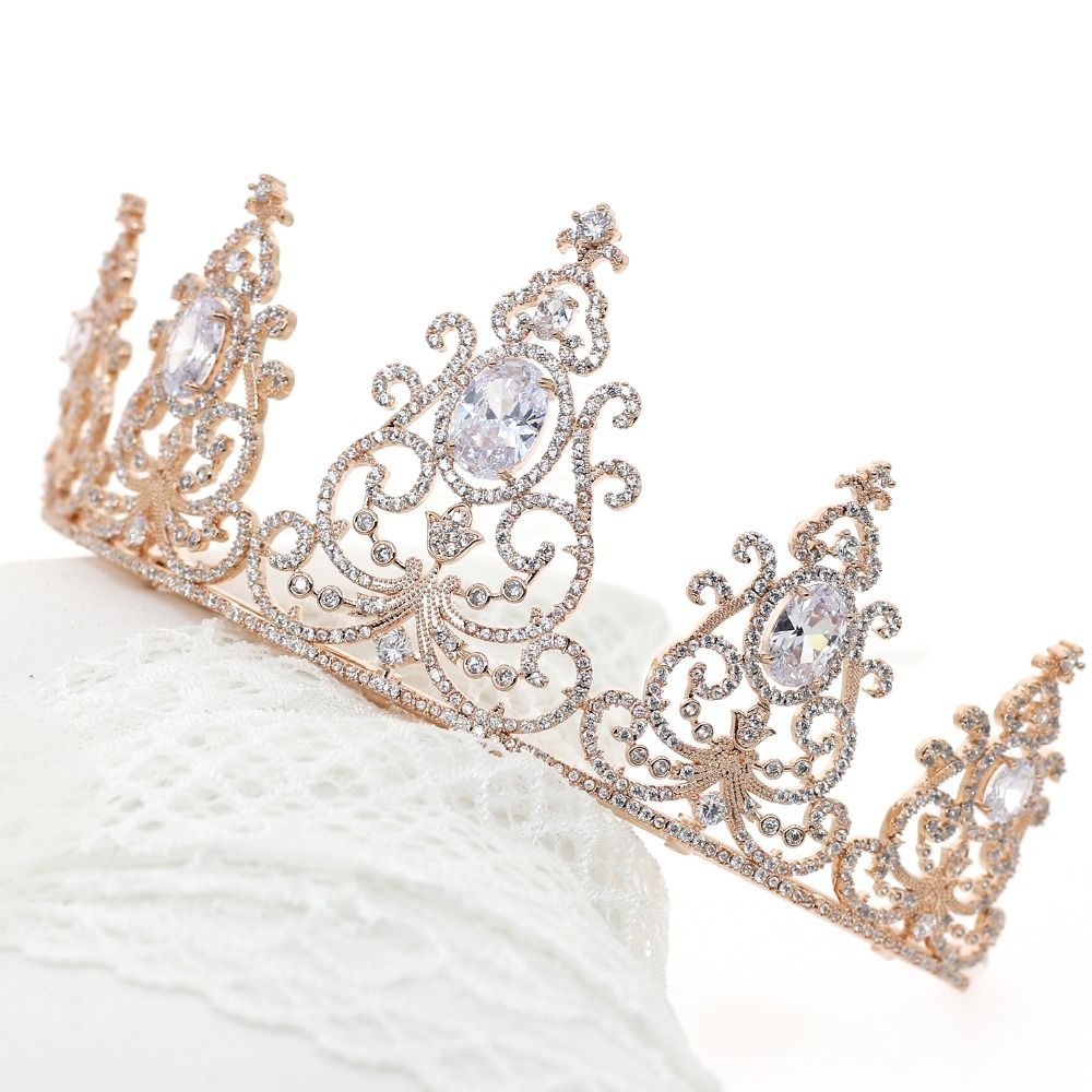 Luxury Rose Gold Crowns Tiaras For Brides Zircon Crystals Wedding