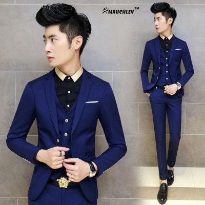 Trajes ropa hombres Set 3PCS / set Traje para hombre 2017 Moda estilo coreano Terno Color sólido Negro azul marino Boda Blazer