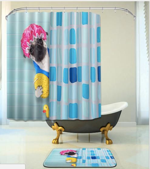 Cartoon Cute Cat Waterproof Polyester Bathroom Decor Shower Curtain & Bath Mat ！