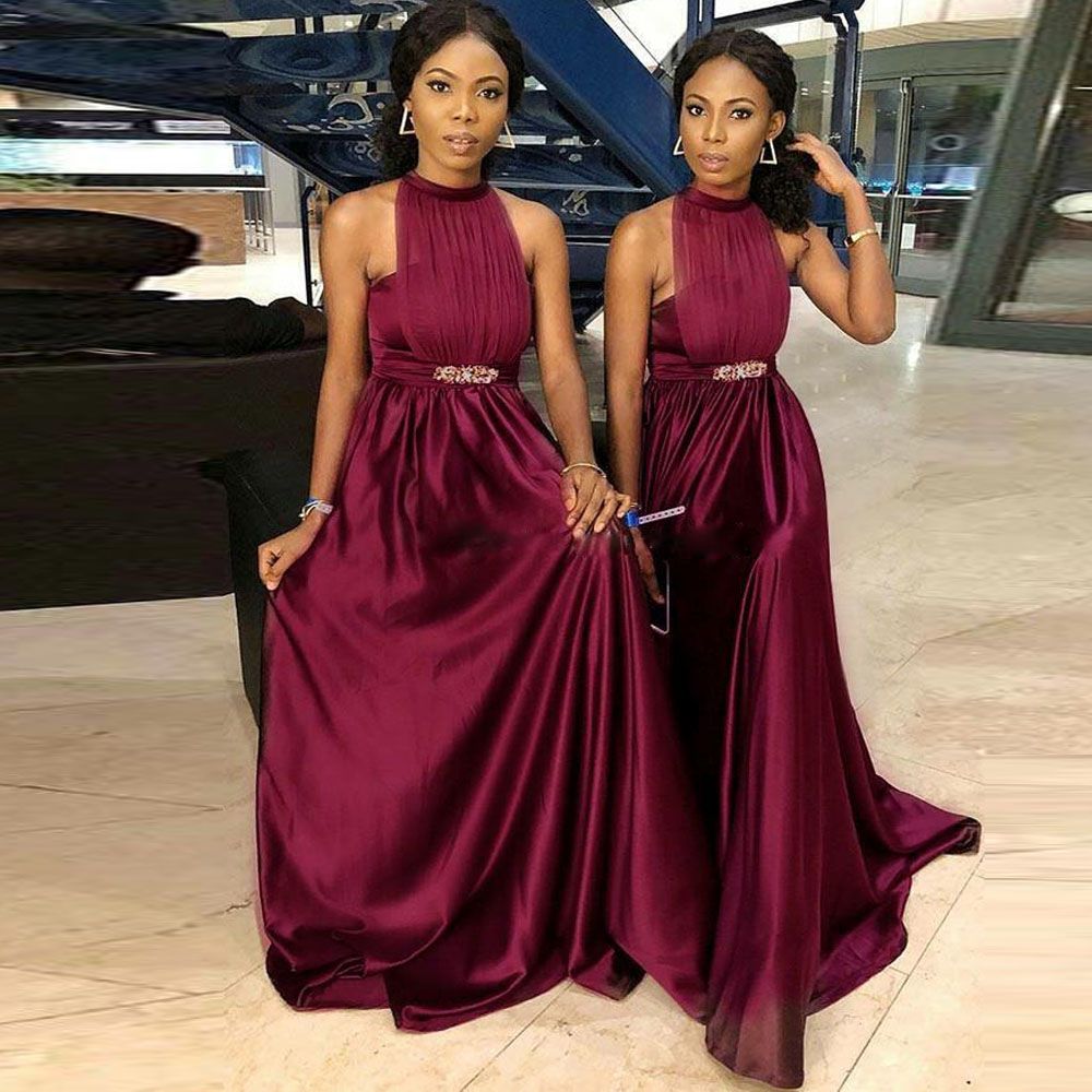 high neck burgundy bridesmaid dress