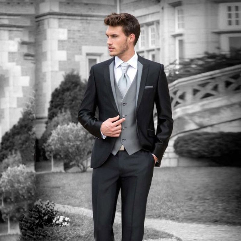 Enjuague bucal Cenagal pivote Trajes de hombre negro 2018 chaqueta formal slim fit elegante chaqueta  traje de boda gris chaleco