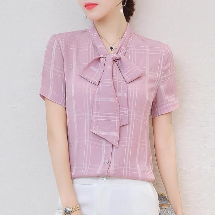 Womens Chiffon Shirt Sweet Bow Tie Neck 