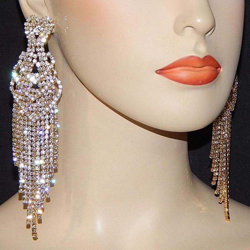 Fashion Women Long Tassel Diamante Crystal Bohemian Drop Dangle Earrings Jewelry
