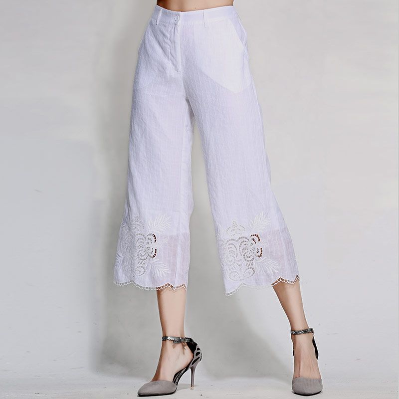 Acheter Pantalon De Ramie Floral Haut De Gamme Pour Femmes Style Chinois Vintage Broderie Royale Dame Pantalon Large Noir Blanc Femme M Xxl De 69 14 Du Cupidcloth Dhgate Com