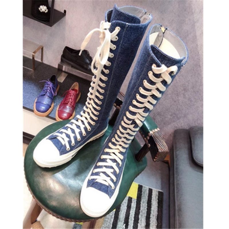 flat denim thigh high boots