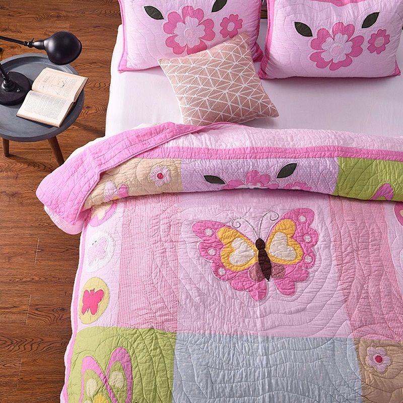 Pink Applique Girls Bedspread Quilt Set Cotton Coverlet Handmade