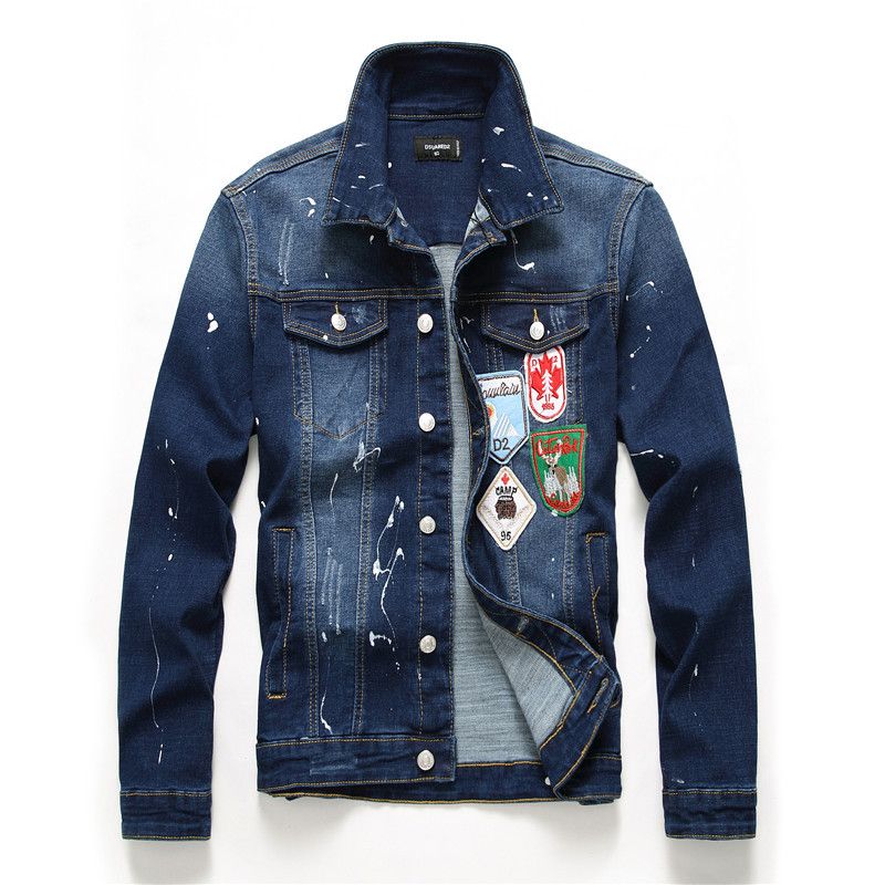 Compre Nova Moda Outono Inverno Dos Homens Emblema Jaqueta Jeans Tinta Espirrada Magro Estiramento De Manga Comprida Casacos Jeans Azul Denim Jaqueta Jaqueta Outerwear De Wendoline, $194,37 | Pt.Dhgate.Com
