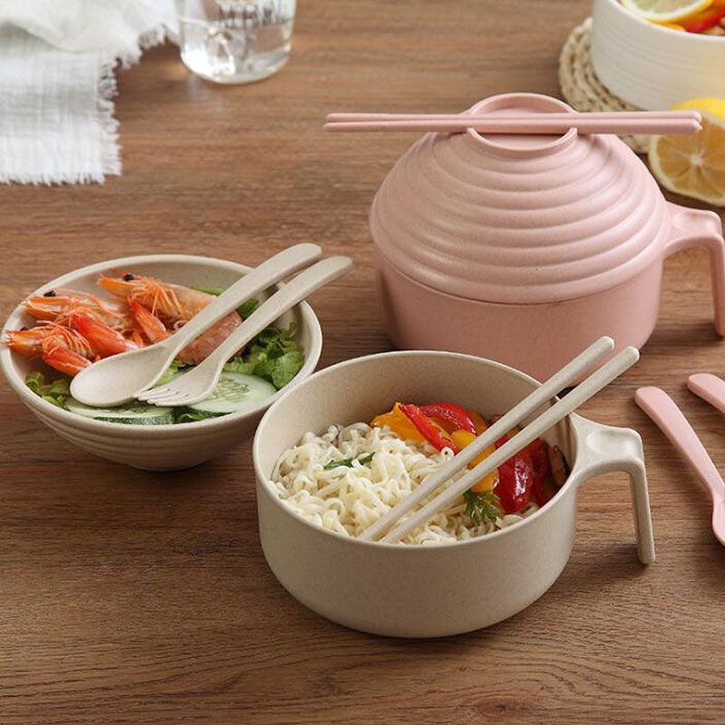 Rice Instant Noodles Soup Food Bowl With Cover Spoon Kitchen Wheat Straw Bowls