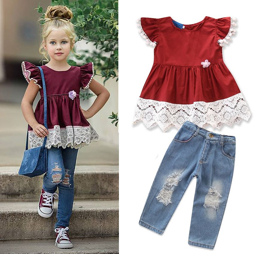 Moda 2018 de manga para niños niñas ropa cordón de la borla Tops pantalones