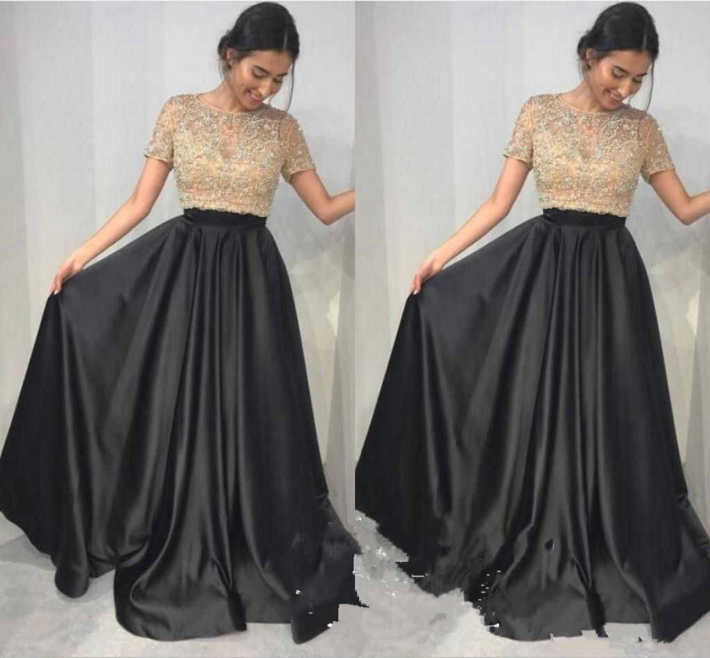 2018 Sheer Jewel Champagne Lace Appliques Prom Dresses Top Black Skirt Beads Floor Length Formal Evening Dress Celebrity Gown Custom Made Canada 2019