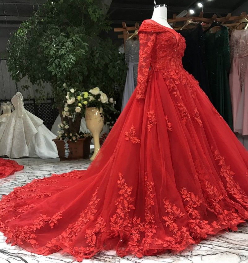 Imagen real vestido de quinceañera de encaje rojo manga larga joya  rebordear vestido de baile corsé