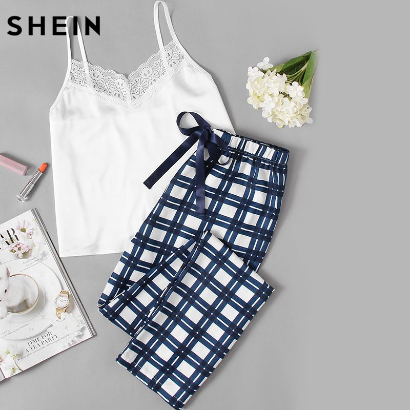 Compra SHEIN Mujer Pijamas Set Ropa De Dormir Correa De Espagueti Blanca  Sin Mangas De Encaje Adornado Cami Plaid Pantalones Pijama Set S1015 Barato  | Entrega Rápida Y Calidad | Es.Dhgate