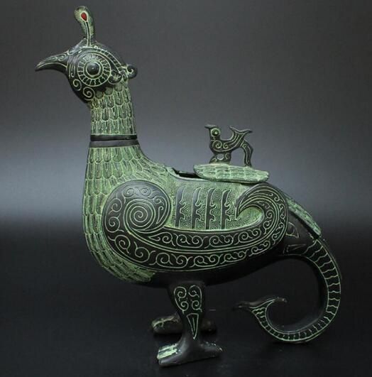 Antiques Chinese Bronze Ware Bird Beast Bottle Incense Burner Statue