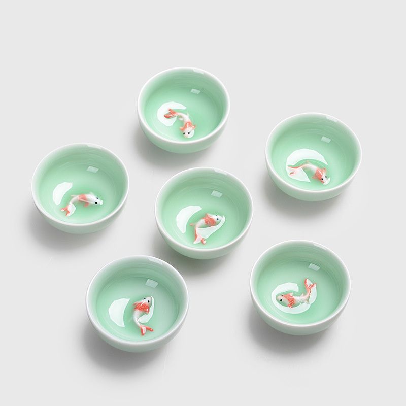 PLF Chinese Tea Cup Porcelain Celadon Fish Teacup Set Teapot Drinkware Ceramics 