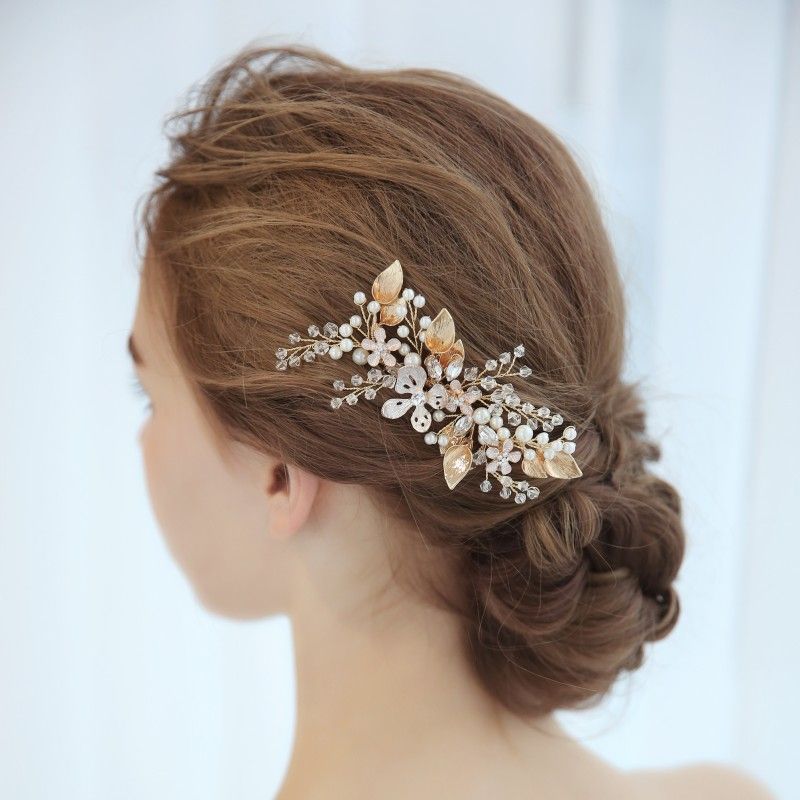 2019 Hot Gold Floral Hair Piece Wedding Comb Pearls Bridal Jewelry