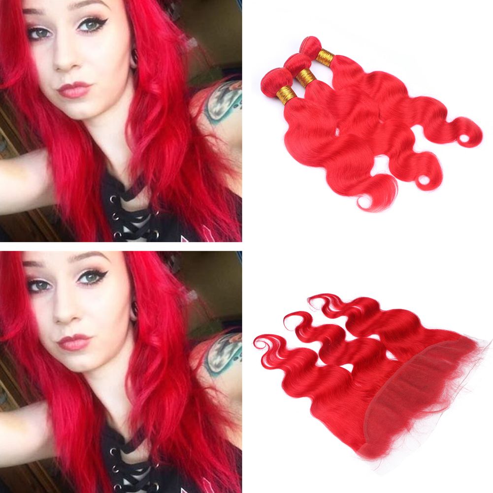 Body Wave Bright Red Human Hair Bundles With Lace Frontal Bleached