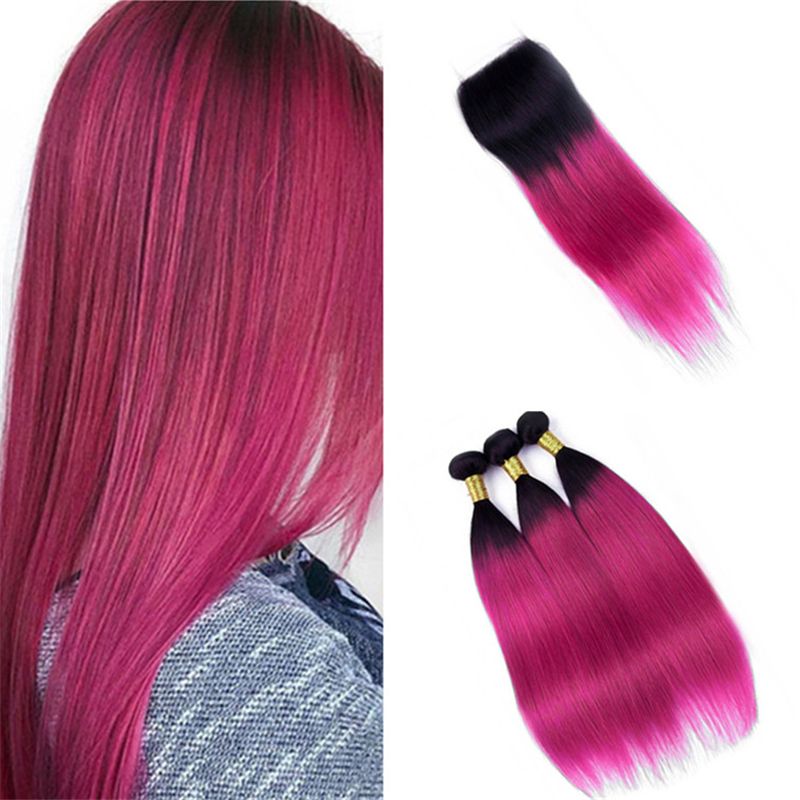 2020 Hot Pink Dark Roots Ombre Hair Weave 3 Bundles With Lace