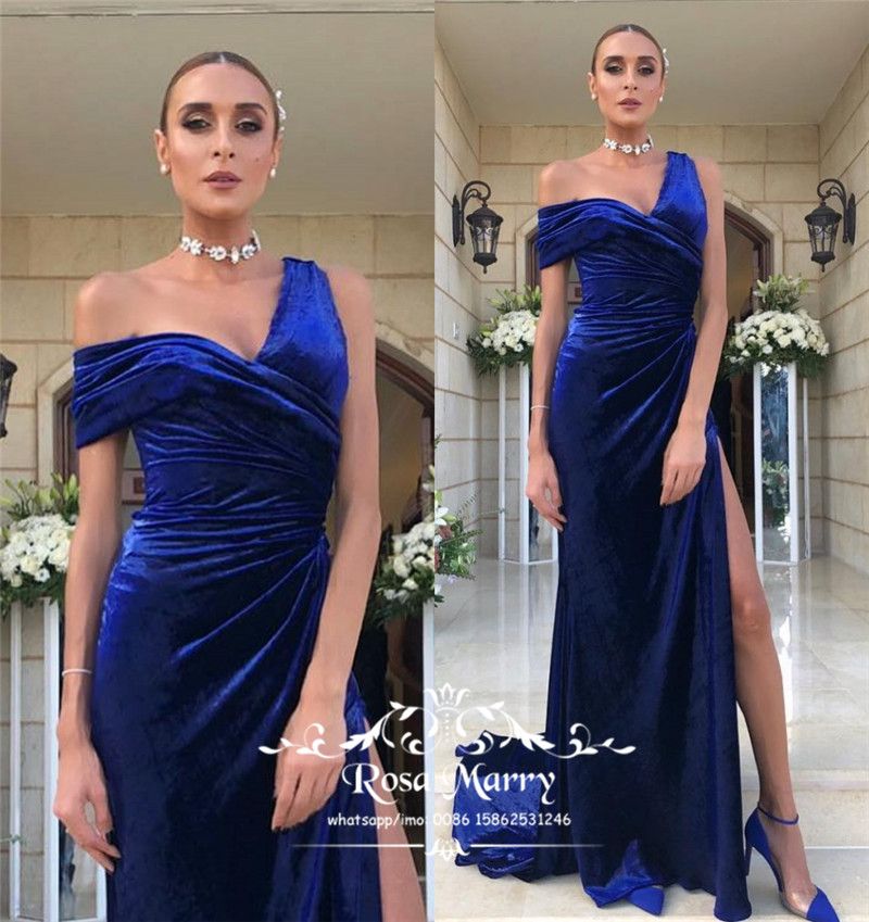 blue velvet one shoulder dress