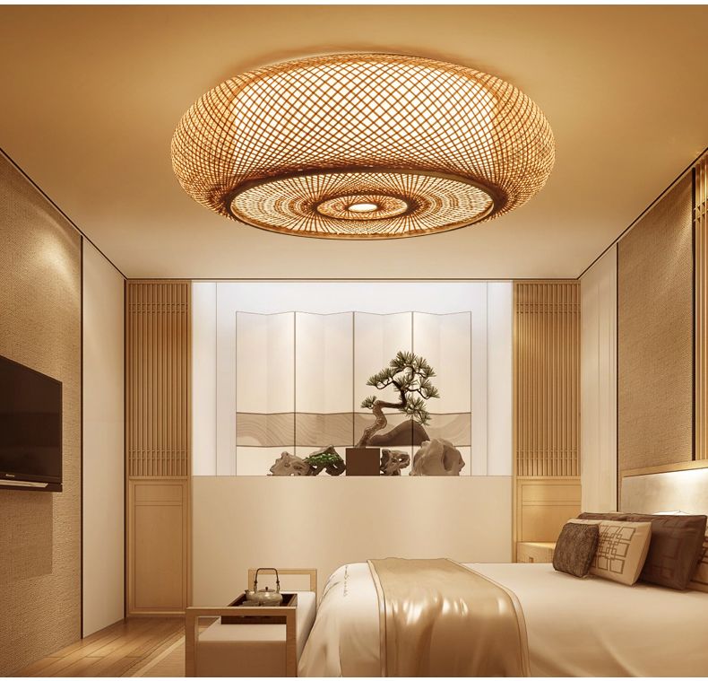 Hand Woven Bamboo Wicker Rattan Round Lantern Shade Ceiling Light Fixture Rustic Asian Japanese Plafon Lamp Bedroom Living Room Modern Lighting