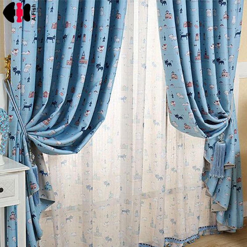 2019 Cat Printed Curtains For Kids Blackout Curtains Blue Coffee