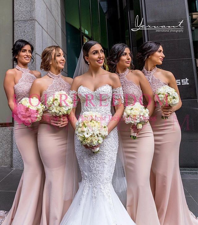 blush pink halter neck bridesmaid dress