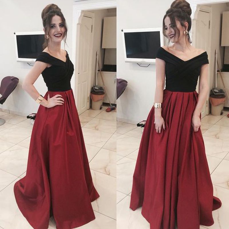 Compra Elegante Fuera Del Hombro Negro Rojo Vestidos Largos De Baile Vestido  De Noche Satén Una Línea Vestidos Fiesta Noche Barato | Entrega Rápida Y  Calidad | Es.Dhgate