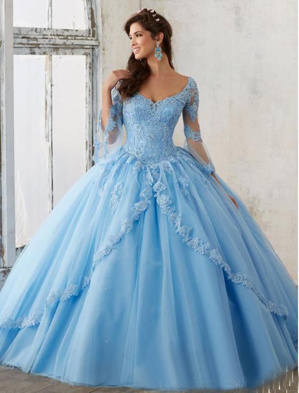 Lógico diferente a Elevado Vestido de fiesta azul cielo de manga larga Vestidos de quinceañera Apliques de encaje con cuello Lógico diferente a Elevado Vestido de fiesta azul cielo de manga larga Vestidos de quinceañera Apliques de encaje con cuello