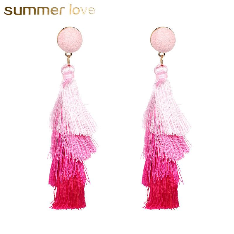 Sweet Bohemian Stud Hook Earrings Multi-color Layered Fringe Thread Long Tassel for Girls Women