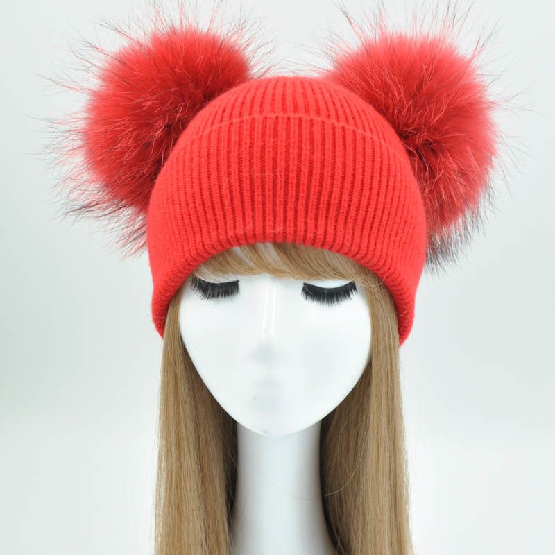 Double Real Fur Pom Pom Hat Women Winter Caps Knitted Wool Hats Skullies Beanies Girls Female Natural Two Fur Pompom Beanie Hat D From Shen8409 18 07 Dhgate Com