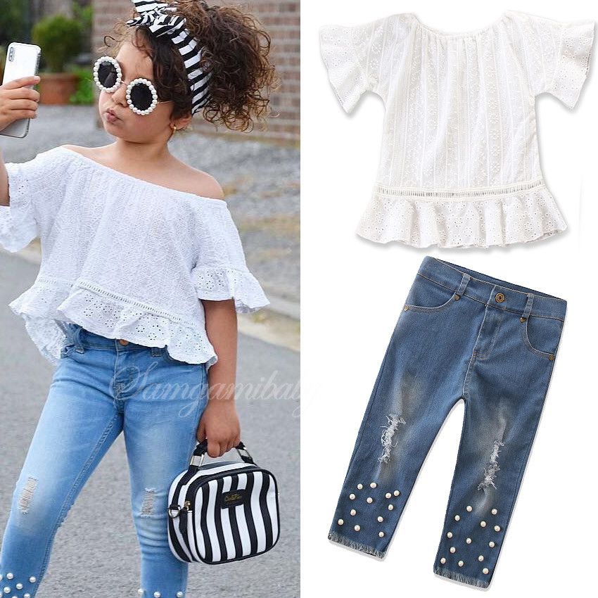 UK Toddler Baby Girl Lace Plaid Top T-shirt Pants Trouser Casual Clothes Outfits