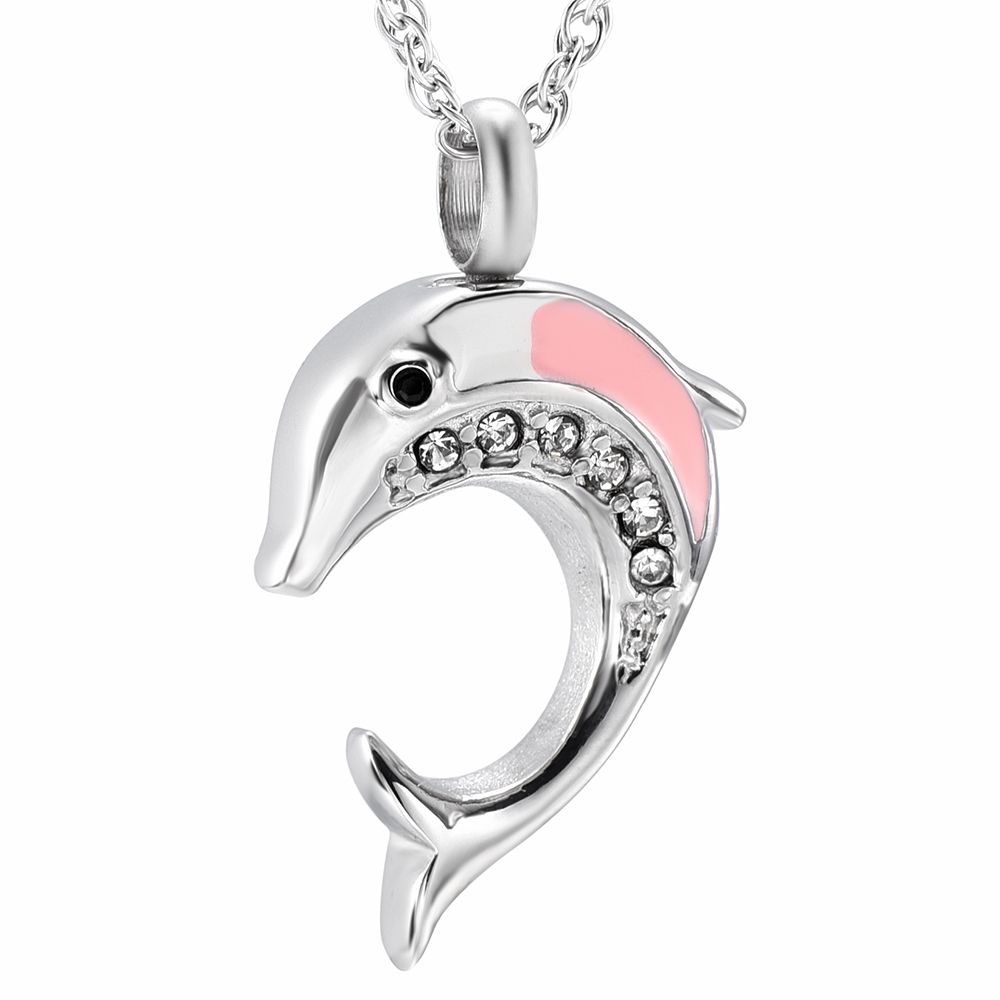 Wholesale Dolphin Stainless Steel Cremation Pendant Necklace Crystal Ashes Keepsake Urn Necklace