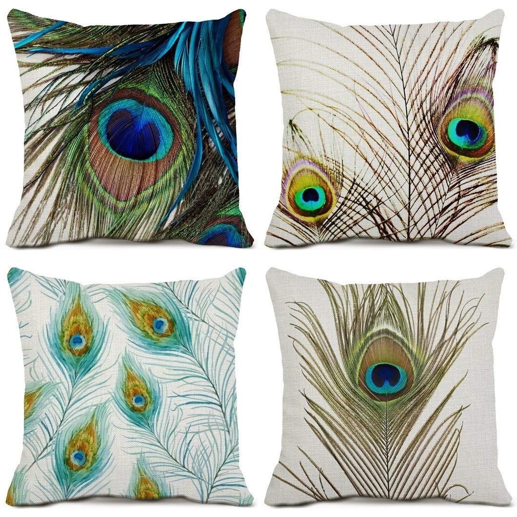 Peacock Feather Throw Pillow Case Decorative Cotton Linen Square