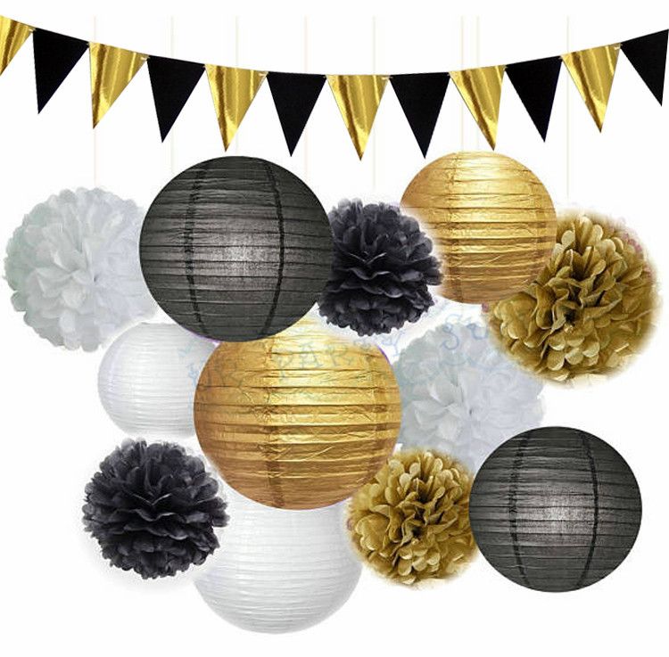2020 Whole Set Black White Gold Party Decoration Tissue Pompom