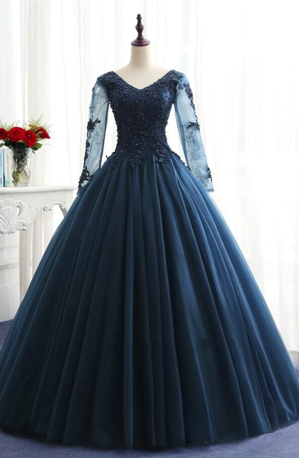 High Quality Navy Blue Quinceanera Dresses V Neck Beading Corset And ...