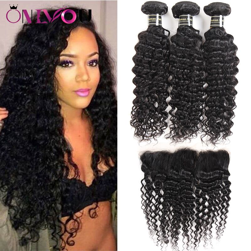 2019 Brazilian Deep Curly Hair Bundles With Lace Frontal Closure 3 Bundles Deep Wave Human Hair Weave Styles And Weaves Closure Human Hair Deals From