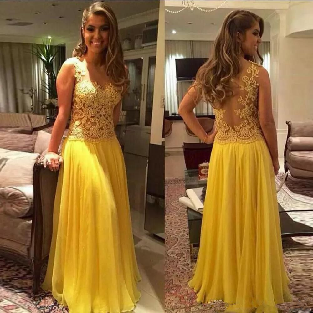 vestidos de fiesta amarillos para mujer 2019 Cuello transparente Vestido de noche de de