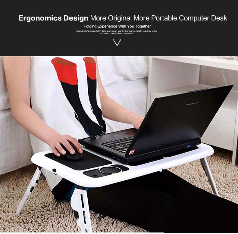 Foldable Table Laptop Lap Desk E-Table Bed With USB Cooling Fans Stand Home