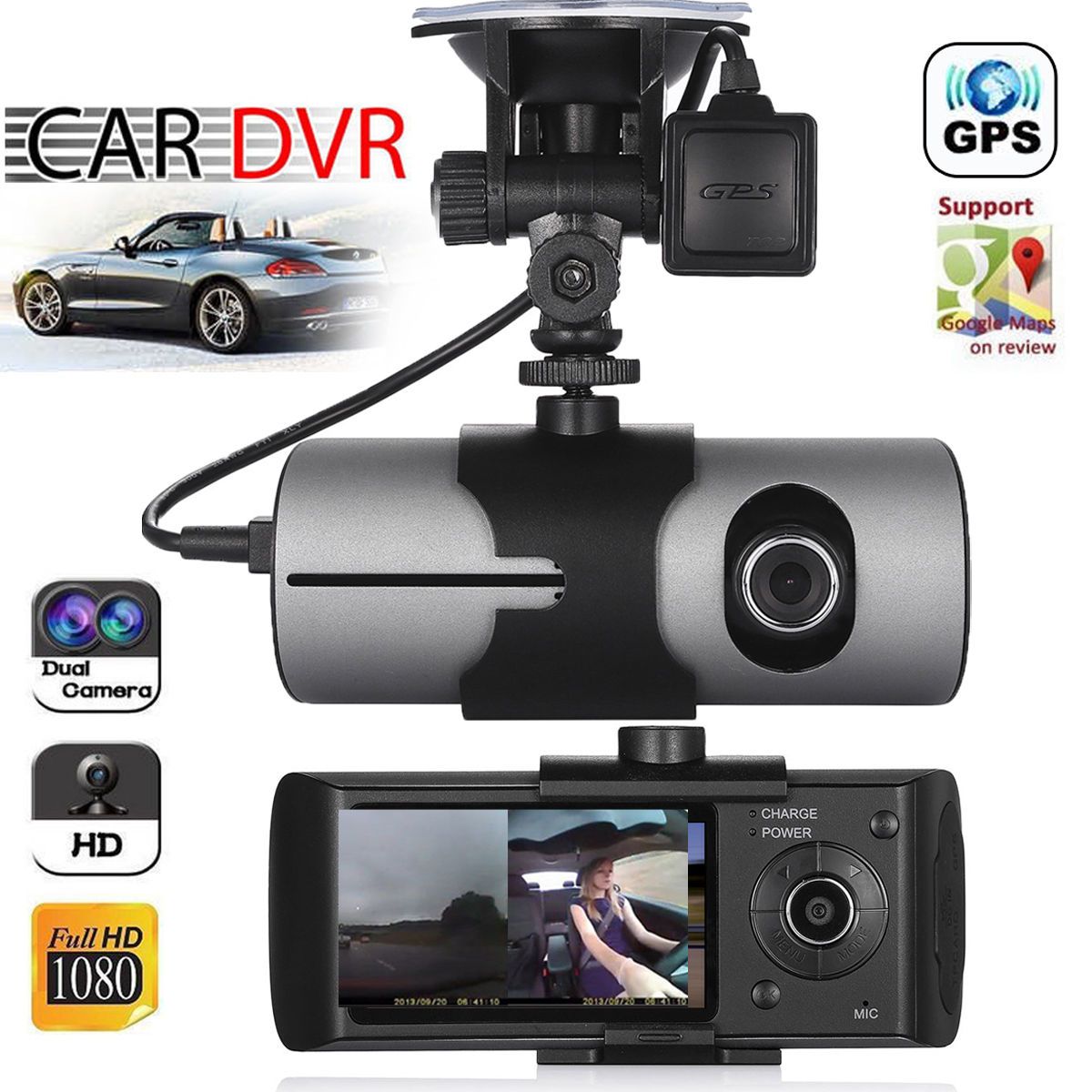 R300 Dual Lens Dash Cam 2.7" Full HD Car DVR Camera Video Recorder w/ GPS Logger 
