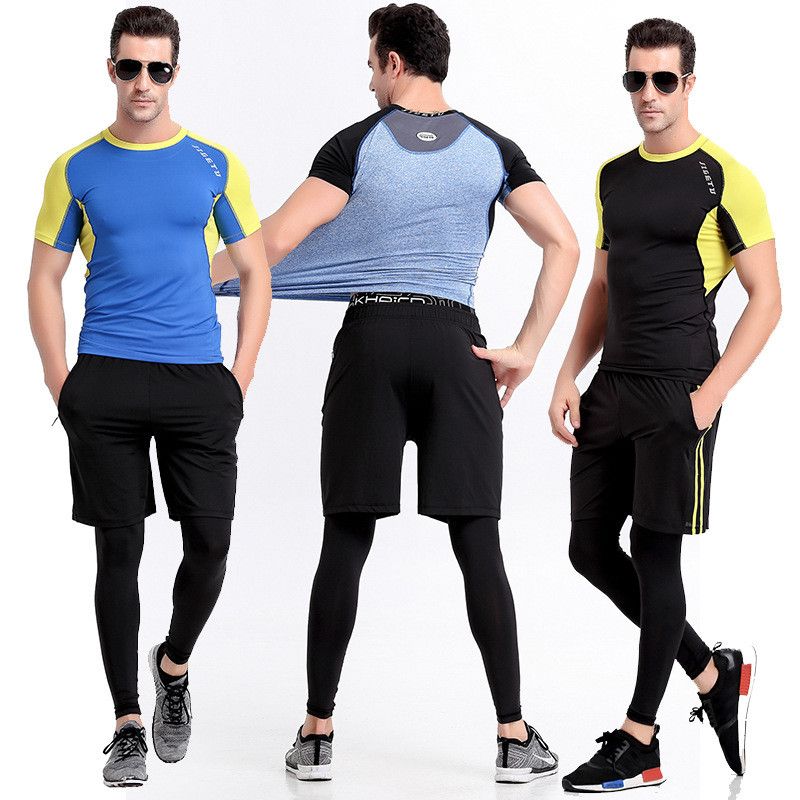 Shirt+Pantaloncini Tuta Tight Pantacollant Jogging Sportivi Workout Abbigliamento T ZWPY 3 Pezzi Uomo Compressione Completi Leggings 