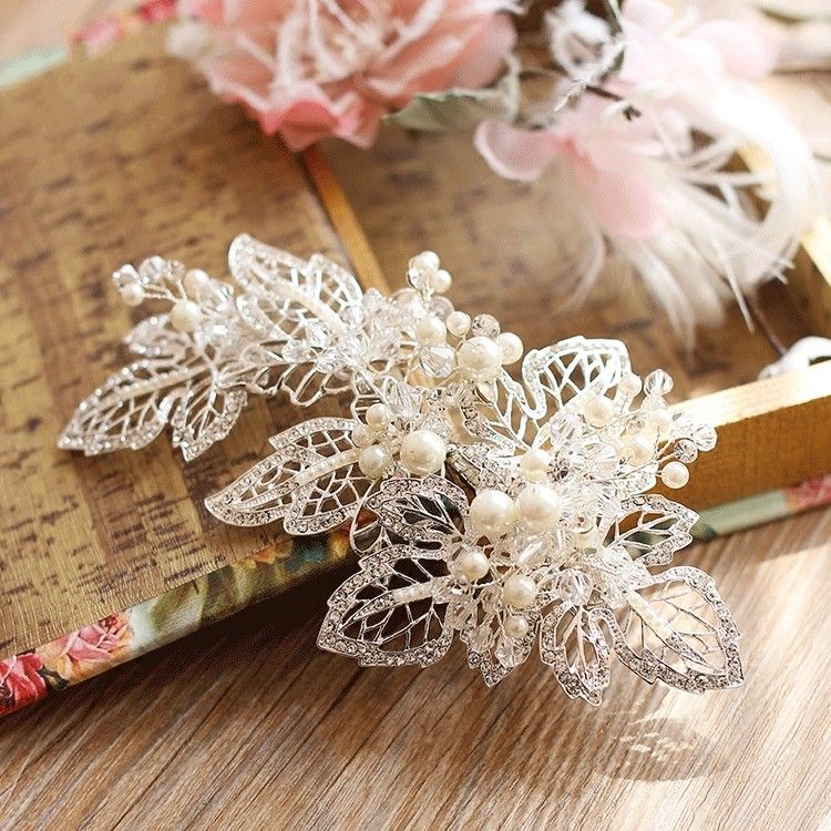 Generous Silver Leaf Crown Wedding Hair Clip Pearls Jewelry Bridal